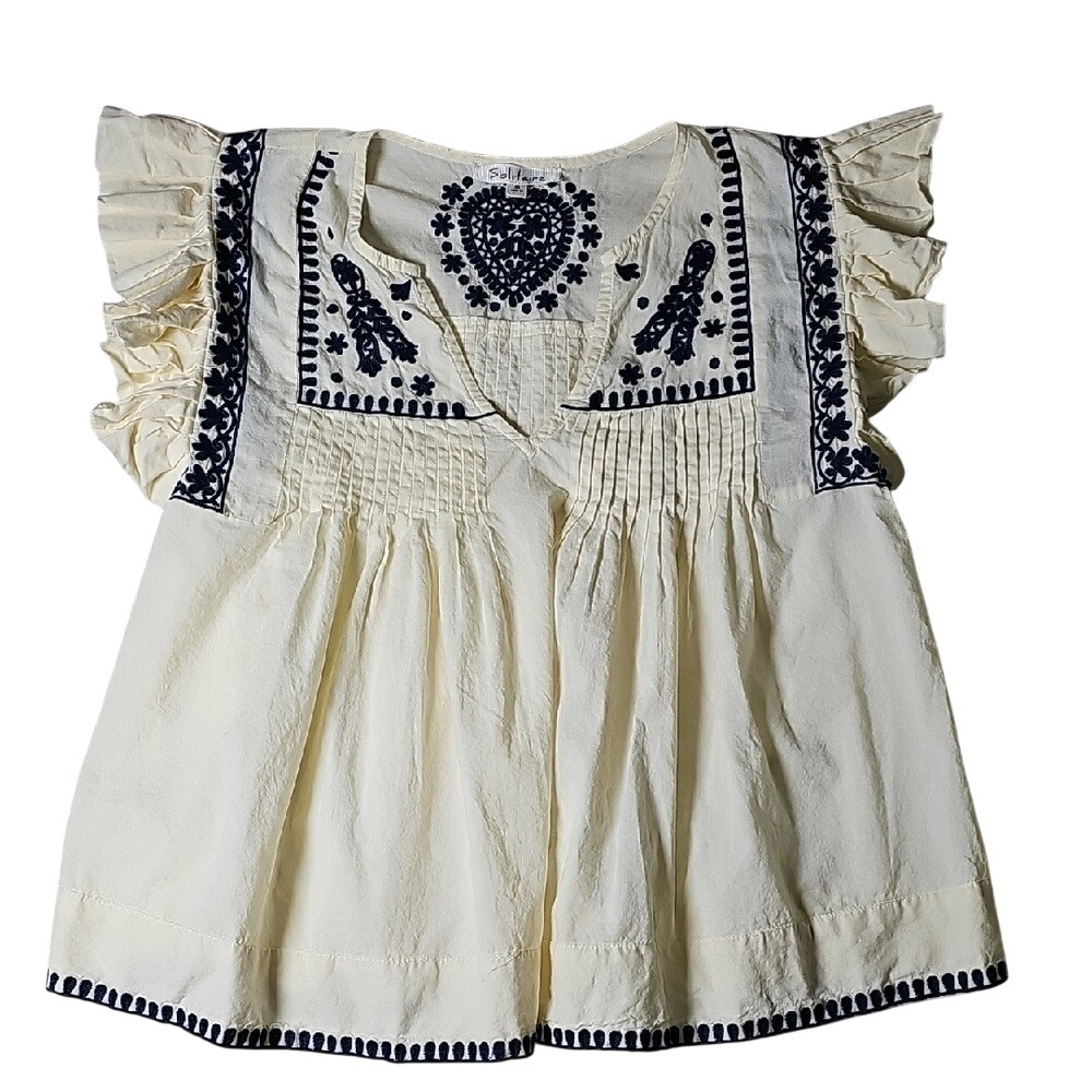 Solitaire 100% Cotton Babydoll Embroidery Pleated Short Cap Sleeve Boho Top